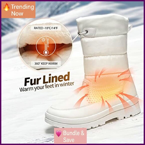 Warm Fur Lined Snow Boots Water Resistant Mid Calf Winter Hiking - Picture 4 of 8